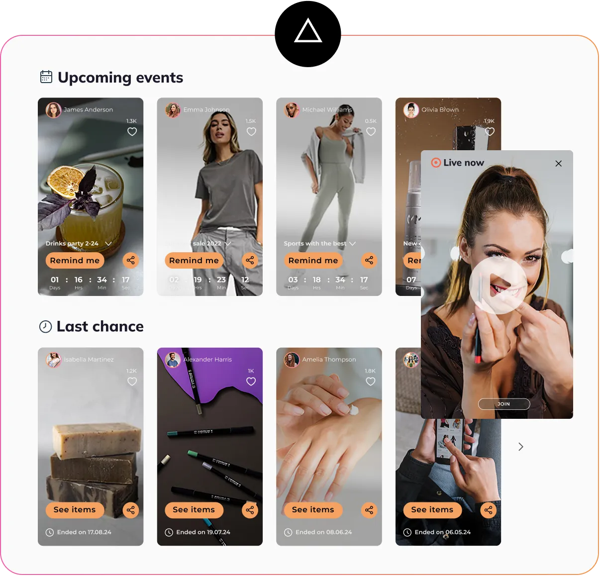 Event schedule interface showing upcoming events with countdown timers and last chance offers, alongside a live video popup of a woman applying makeup.